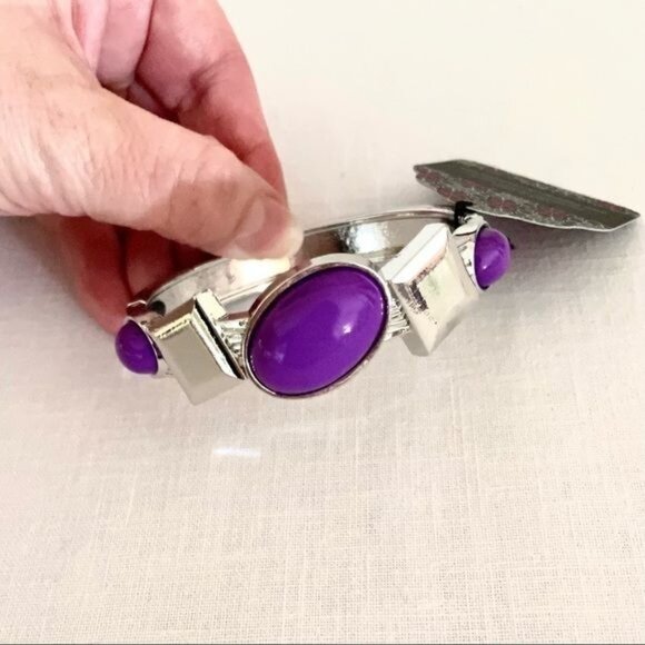Silver Purple Hinged Cuff Bangle Bracelet Bold Oval Beads Antiqued Silvertone - Picture 4 of 6